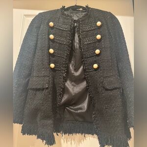 Elegant Black Tweed Jacket with Gold Buttons